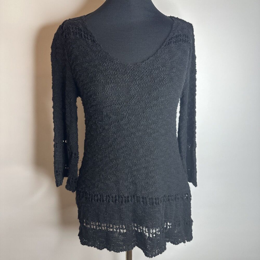 Vintage Angie Black Open Knit Tunic Sweater Top 3/4 Bell Sleeve Boho Small Y2K